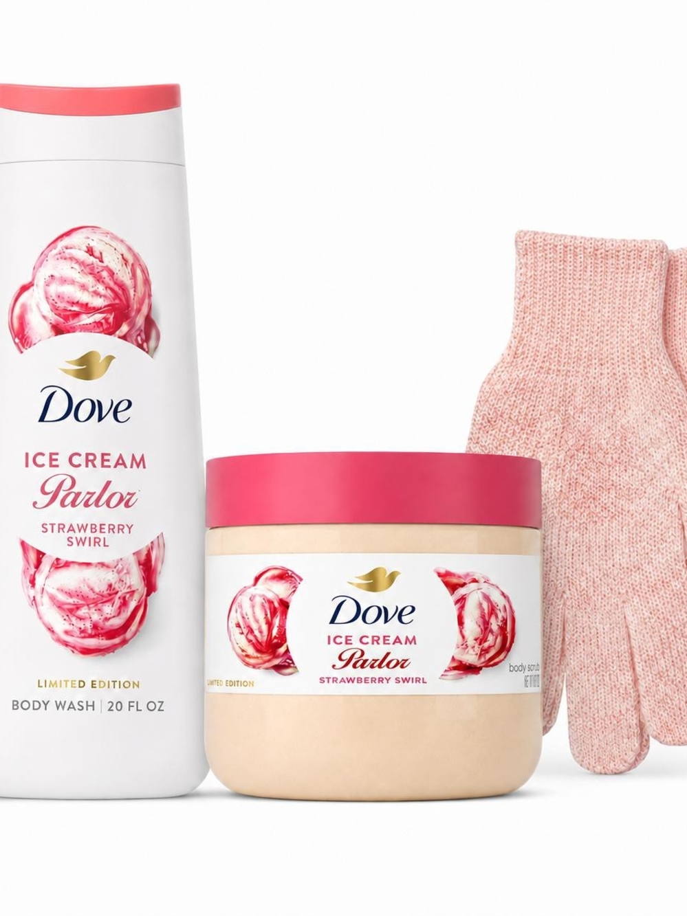 Dove Strawberry Swirl Body Wash & Scrub Set With Bath Gloves